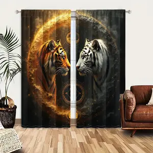 2pcs Window Curtains, A mystical image of two tigers, one golden and one white, facing each other within a split ornate golden and dark circular frame, symbolizing balance.Window Drapes for Bedroom Living Room, Rod Pocket Window Treatment