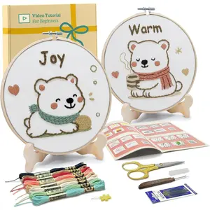 Embroidery Kit for  and Adults, Bears Embroidery Kit for Beginners, Easy Needlepoint Starter Kit with 2 Display Stands