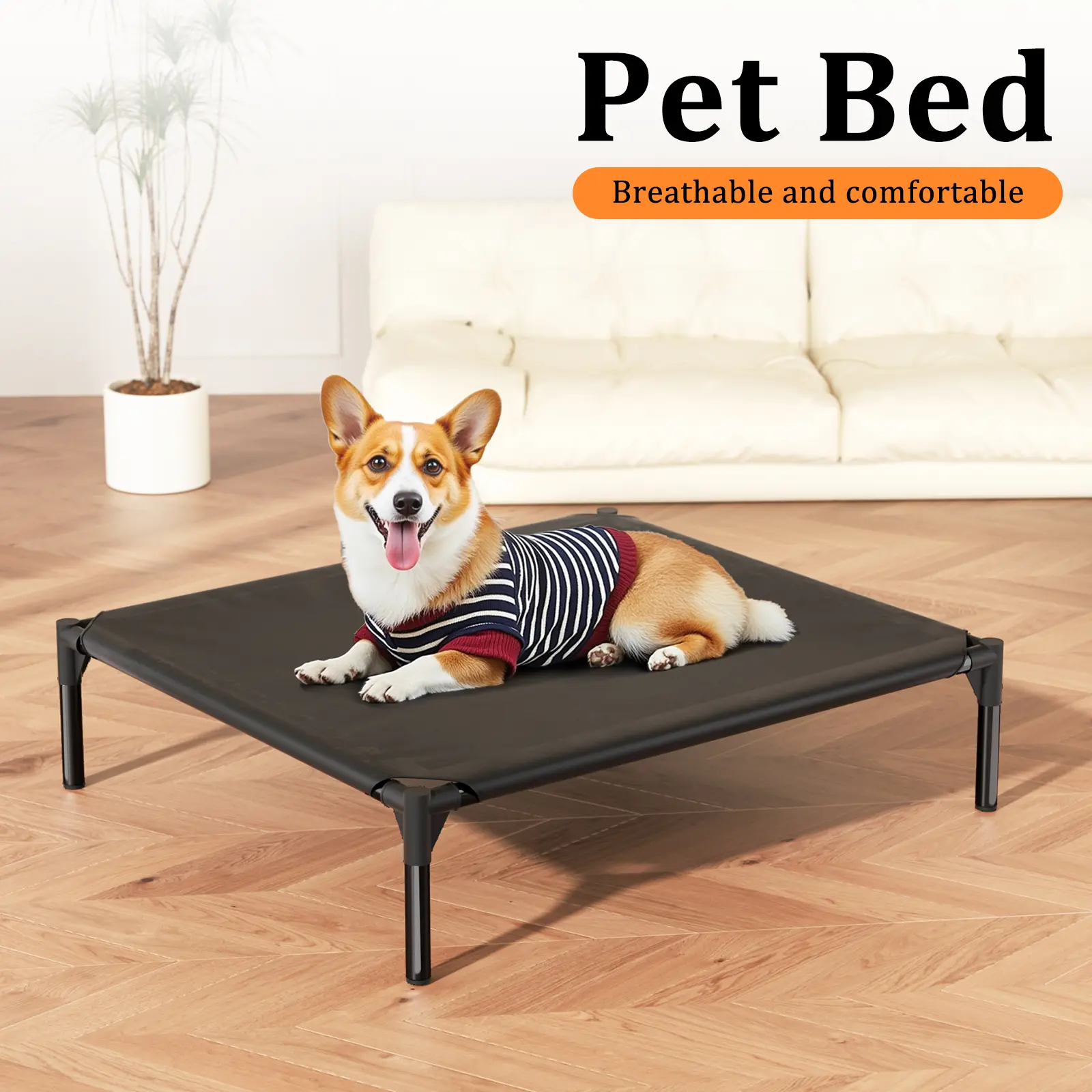 Anti-chewing elevated dog bed, indestructible elevated dog bed with cushion | Orthopedic dog platform bed with soft cushion, durable waterproof pet bed, suitable for indoor, outdoor or crate, 35×26 in.
