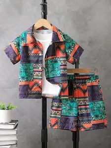 Boys' Short Sleeve Loose-Fit Blouse Set, Breathable Fabric Cartoon Pattern Design, Casual Daily Wear Clothing, Clothes Kids