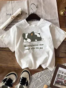 Dog Print T-Shirt, Casual Home Wear, Loose Oversized Fit, Breathable Cotton Fabric, Cute Pet Themed, Unisex Couple Matching