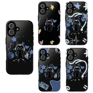 Trendy Black Cat Tough Phone Cases with Stars, Music, and Neon Accents, Aesthetic Cat Protective, gift for cat lovers