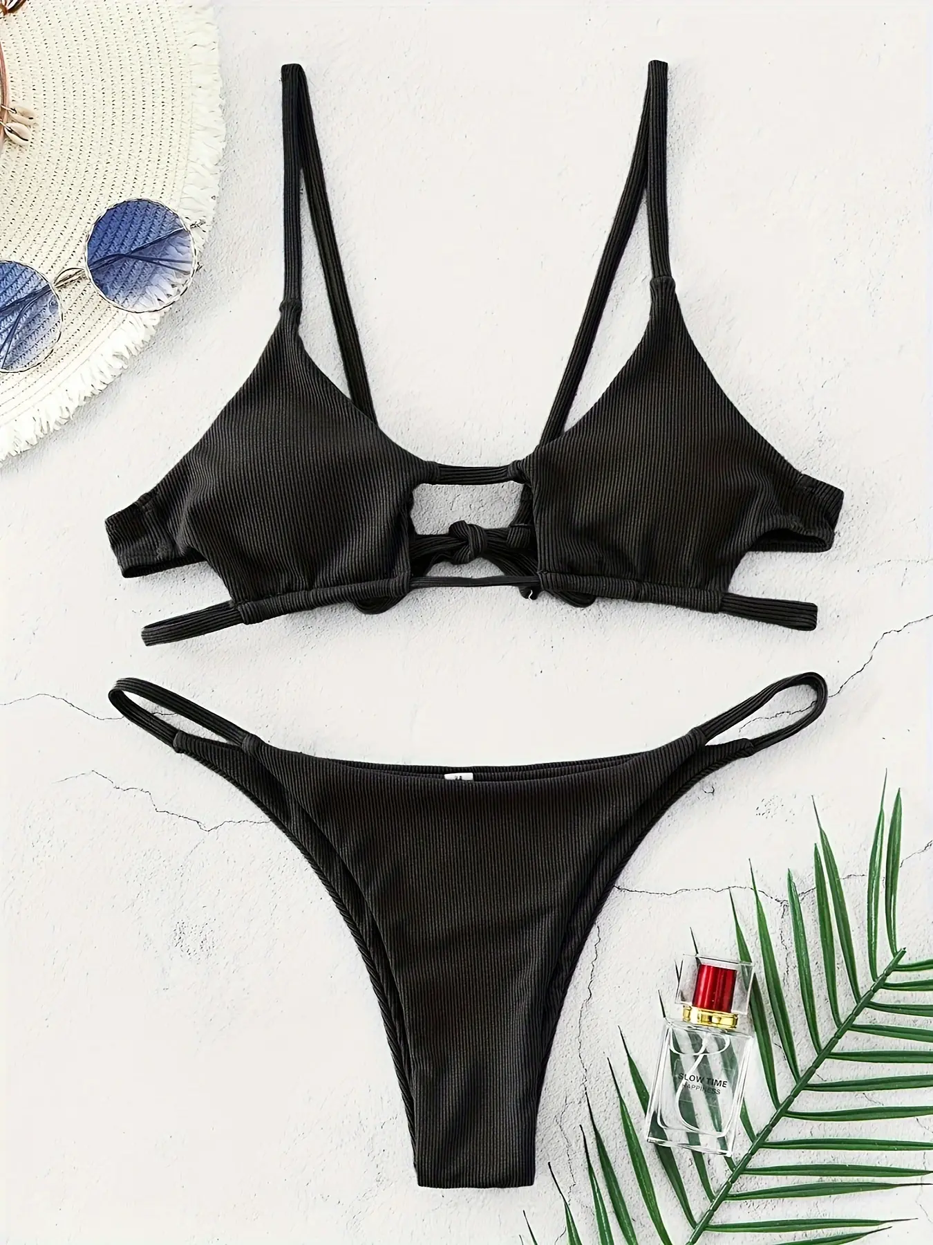 ZAFUL Women's Low Rise Stretch Adjustable Strap Swimsuit Style Bikini Set - Tie-Side, Striped & Solid Beachwear for Beach, Pool, Textured Spandex Bikini, Bathing Suit, Polyester, Holidays, Solid/Stripe, Cut-Out Accents, Pool Parties, Strappy, Spandex Blen