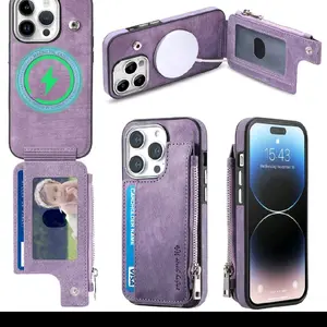 For Iphone 15 14 13 12 Pro Max Mag Safe Magnetic Case Flip Card Wallet Zipper