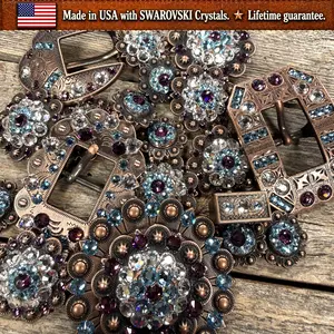 Copper Amethyst - Aqua - Clear Crystal Conchos | Sizes 1"- 3" | Buckles | Saddle Set | Leather Rosettes | Slide