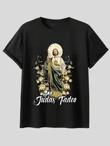 Saint Josepha Men's T-Shirt, Religious Floral Pattern, Breathable Short Sleeve Top, Suitable for Believers and Daily Wear