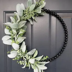 1 PC Elegant Farmhouse Wreath, Natural Artificial Lamb's Ear Leaves, Smooth Wooden Beads Frame, Modern Bohemian Style, Perfect for Front Door entryway, or interior walls Decor