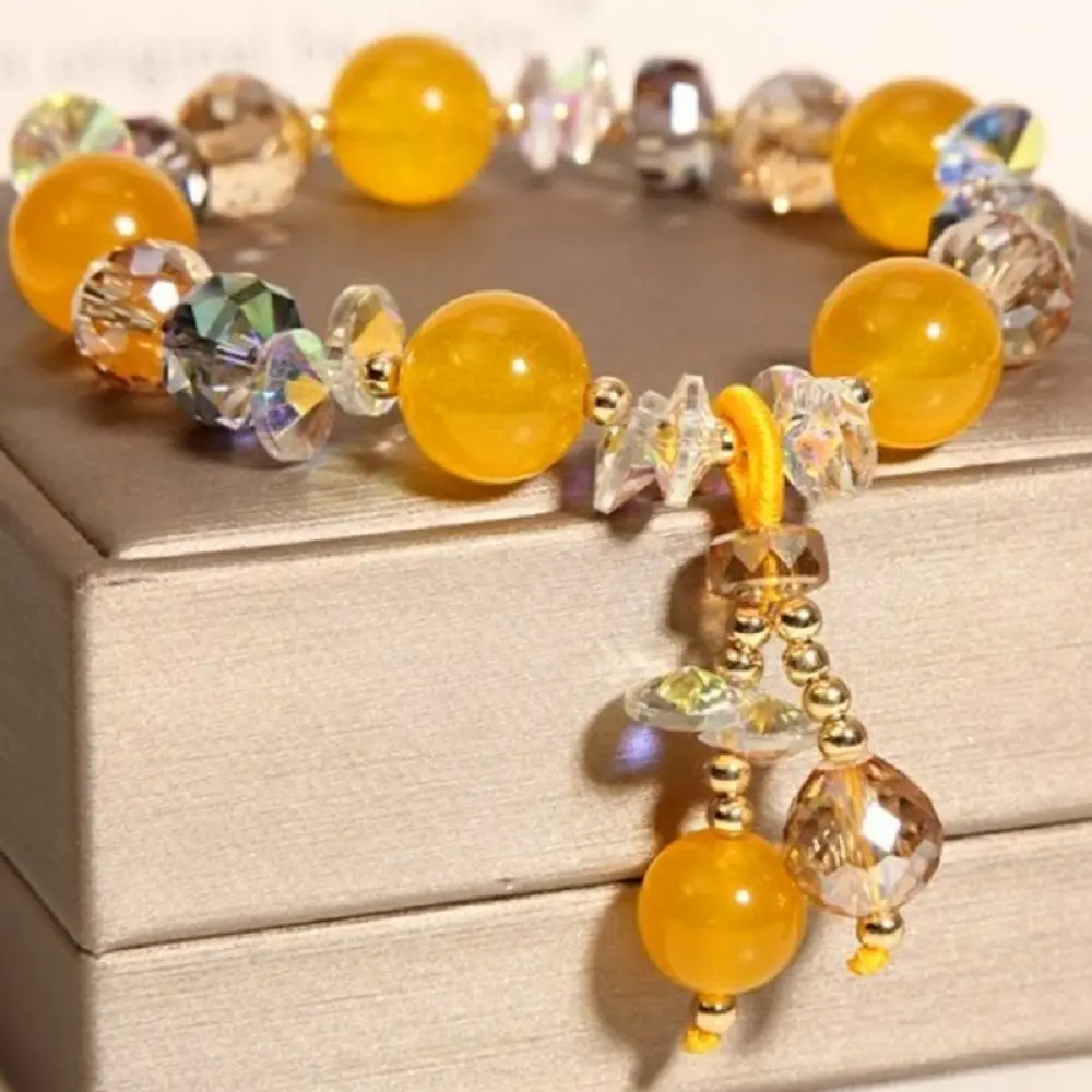 Handmade Bohemian Yellow Crystal Bead Bracelet with Golden Beast Charm - Vintage Style Women's Jewelry for Casual Wear, Gift Giving, Teacher's Day, Graduation, Back-to-School, Fashion Bracelet | Vintage Charm Bracelet | Sophisticated Accessories