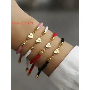 Fashion Heart Initial, Stainless Steel Jewelry for Women, Fashion Classic Adjustable Rope Heart Charm Bracelet for Women & Girls