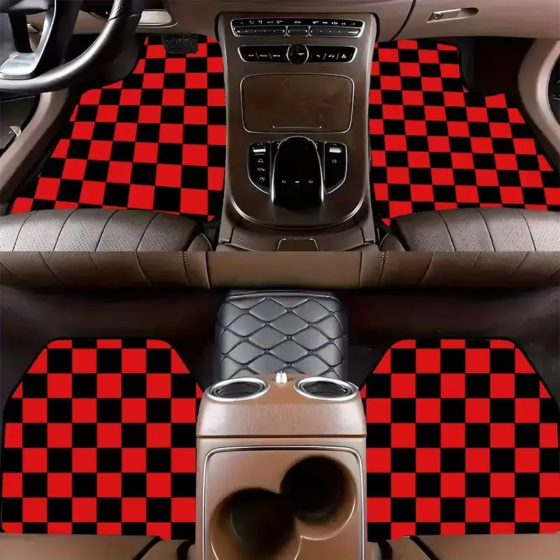 4pcs Plaid Floor Mats For Car, Durable Non-Slip Material, Fits Most Vehicles, Polyester Fiber, Christmas Gift, High-End Car Interior Accessories, Car Accessory