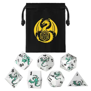 7pcs Flat Dragon Pattern Dice Set, 6 Colors Available, Metal Multi-Faced Large Size Game Dice, Role-Playing Accessories with Portable Cloth Bag
