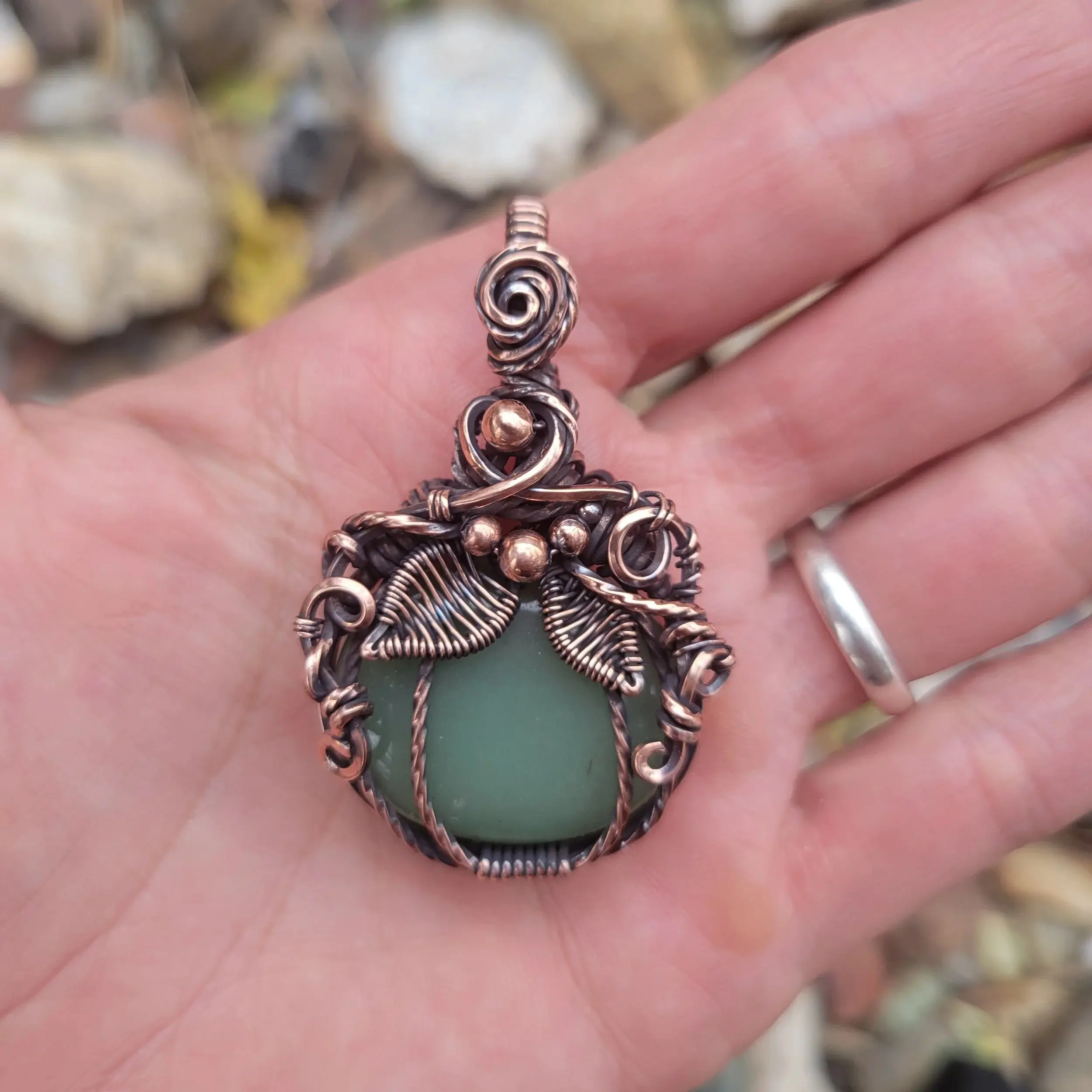 Handcrafted Green Aventurine Oxidized Copper Pumpkin Pendant Necklace