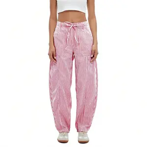 LifeShe Striped Pants Women Loose Mid Rise Stripe Barrel Jeans Casual Wide Leg Denim Trouser with Drawstring