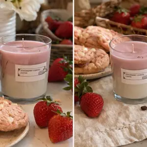 Strawberry Cookies Coffee Scented Candle in Glass Jar with Fresh Strawberries and Cookies for a Cozy Atmosphere