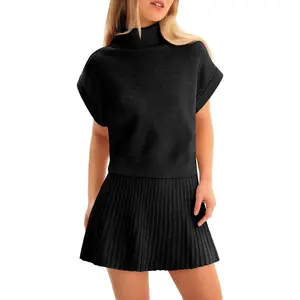 Imily Bela Essentials Womens Skirt 2 Piece Sets Sweater Set 2025 Turtleneck Cap Sleeve Crop Top and Pleated Mini Skirt Travel Outfits