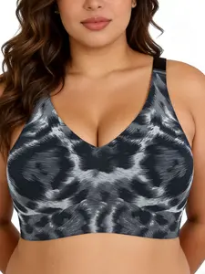 Plus Size Seamless Wireless Leopard Print Bra, All-Season Versatile Pattern, Medium Support, Regular Length, Sexy Lined Design, Wireless Bras