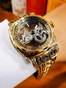 1pc Men Vintage Luxury Skeleton Automatic Mechanical Watch for Men Luminous Hands Square Engraved Case Top Brand Stainless Steel Strap Business Casual Mens Watches Gifts With Box