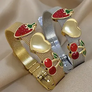 Enamel Strawberry & Cherry Bracelet, Stainless Steel Chain with Moving Fruit Charms, Hand-Painted Colorful Statement Jewelry, Unique Gift for her
