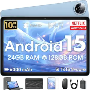 new modelAndroid 15 Tablet 10 inch,24GB RAM 128 ROM,Tablets with Keyboard Case Mouse Stylus,1TB Expandable,Octa-Core 6000mAh 1280x800 IPS HD,5G WiFi,T615 CPU,High Performance,Processor,Dual Camera(Blue)
