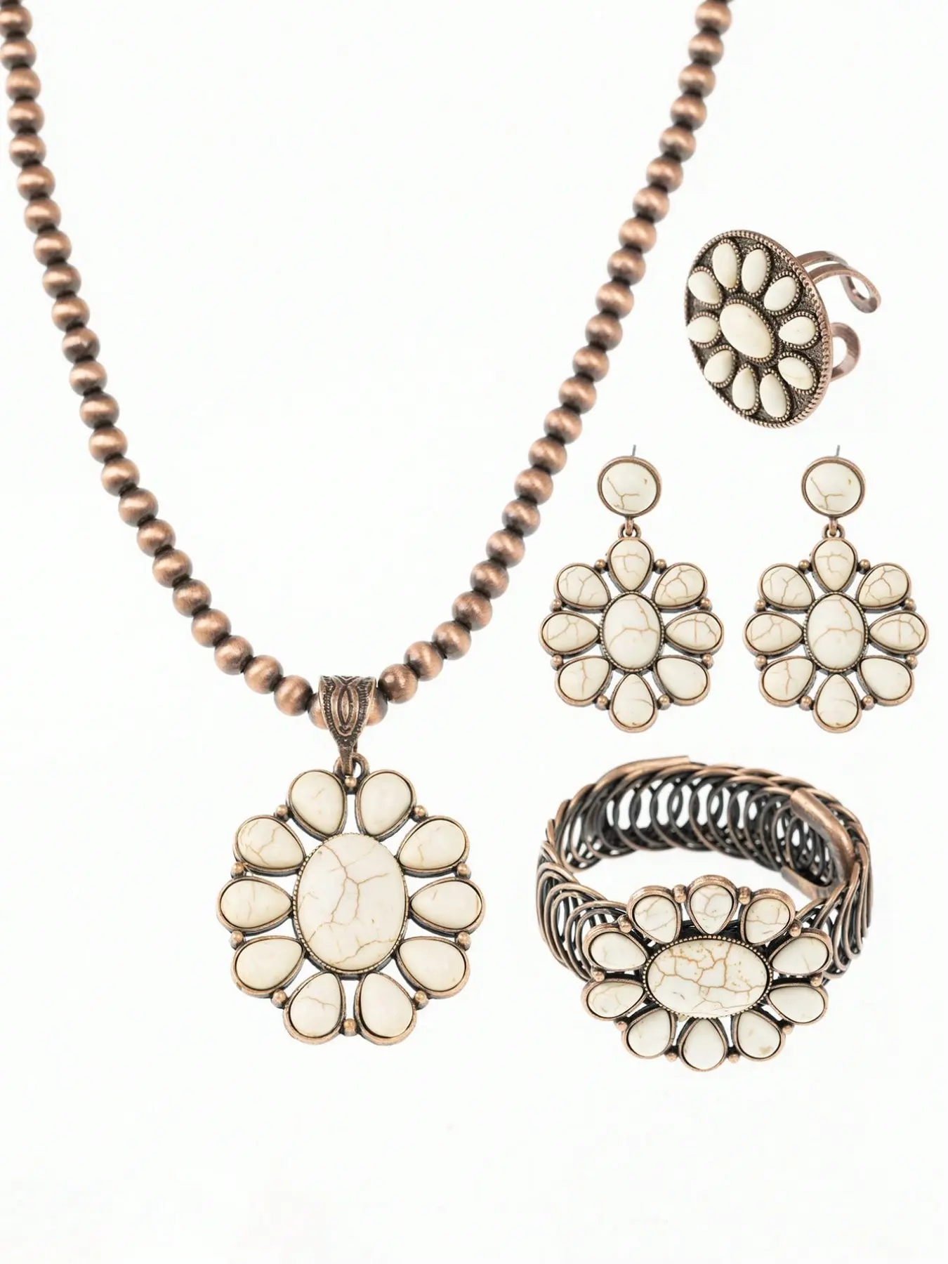 4pcs/Set Retro Boho Style Women Jewelry Set, Jewellery Gift Set, Includes Necklace, Earrings, Ring & Bracelet, Vintage Bronze-Tone Turquoise Teardrop Flower Pendants, Suitable For Outfits, Holidays And More, Elegant Jewelry Set