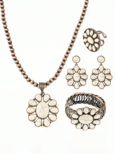 4pcs/Set Retro Boho Style Women Jewelry Set, Includes Necklace, Earrings, Ring & Bracelet, Vintage Bronze-Tone Turquoise Teardrop Flower Design, Suitable For Outfits, Holidays And More, Elegant Jewelry Set