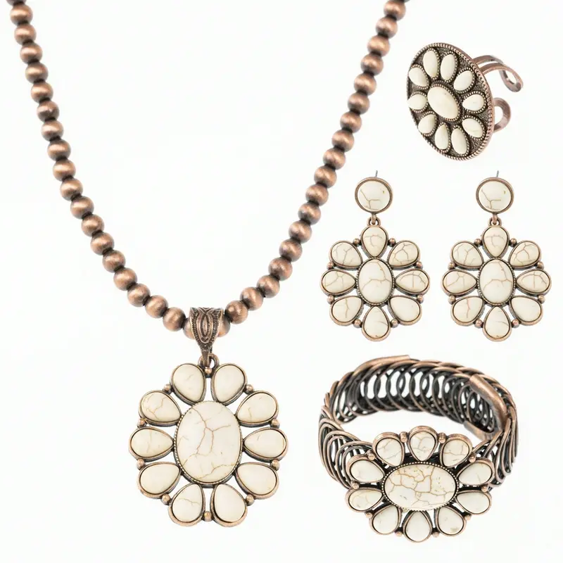 4-Piece Retro Boho Women's Jewelry Gift Set – Necklace, Earrings, Ring & Bracelet, Vintage Bronze-Tone Turquoise Teardrop Flower Pendants, Elegant Gift for Holidays & Outfits