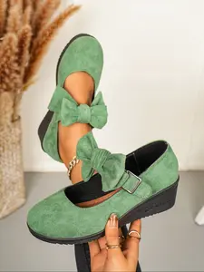 Fashion Thick Sole Mary Jane Shoes, Velvety Soft Material + Large Bow Decor, Comfortable Heel, Sweet Vintage Style, Perfect for Fall & Winter