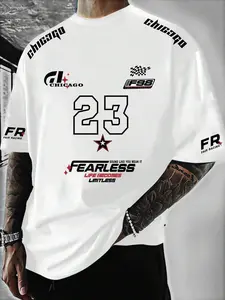 Men's Graphic Print Round Neck Fitted T-Shirt, American Chicago Racing Culture, Streetwear Style, Casual Short Sleeve, All Seasons, Menswear, Tee