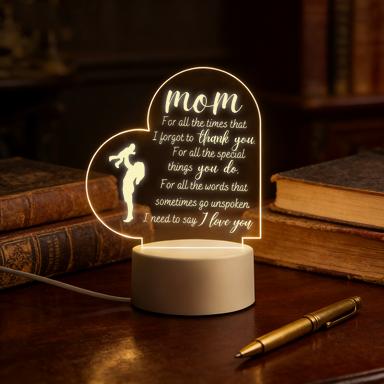 Mom Thank You Heart 2D Acrylic LED Night Light, Warm White USB Bedside Lamp, Mother's Day Birthday Gift for Mom, Bedroom Home Decor