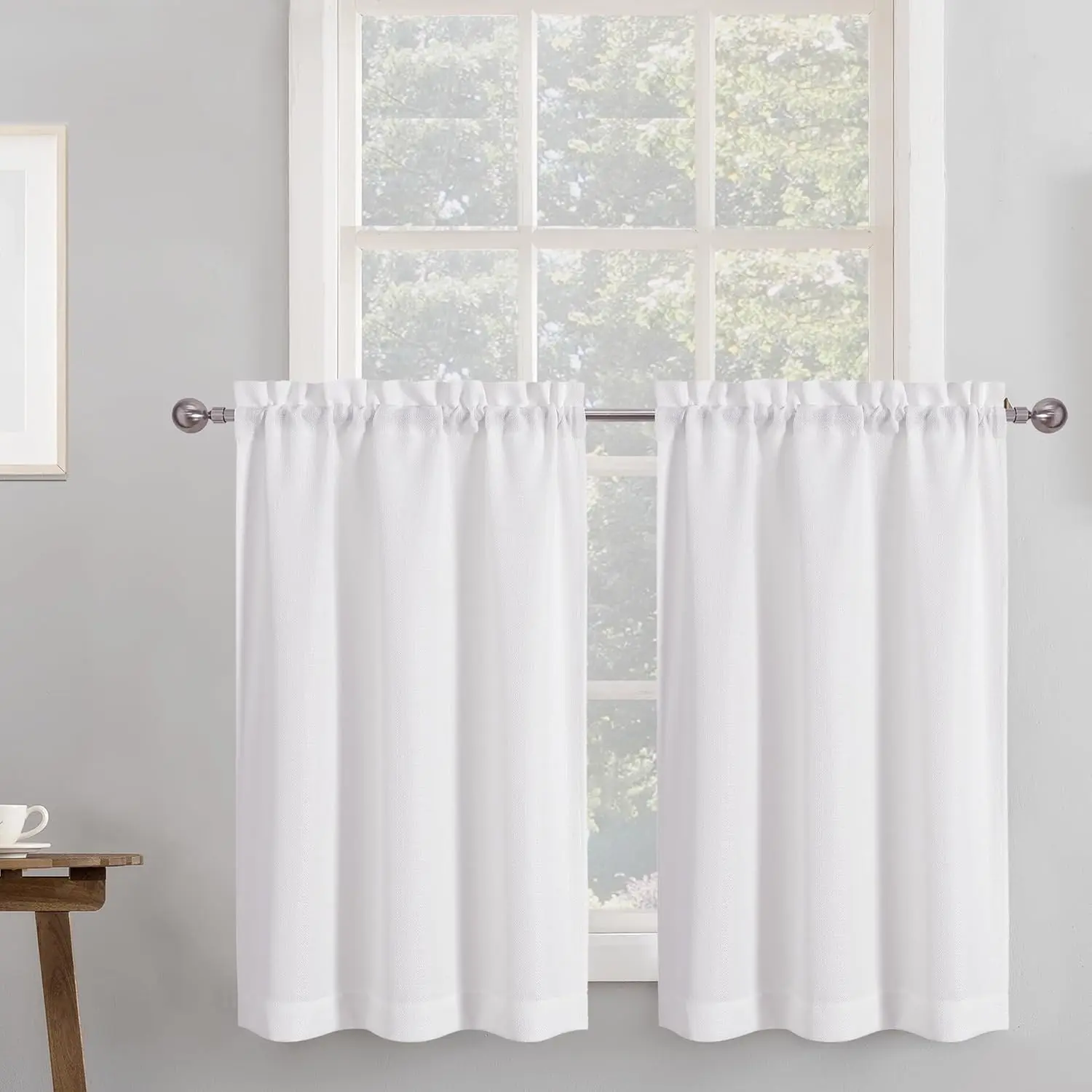 2 Panels White Kitchen Curtains 36 Inch Length Tier Curtain, Faux Linen Textured Small Cafe Curtain, Light Filtering Short Window Curtains for Bathroom Basement, 30x36 inch, 2PCS