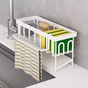 Multi-Functional Kitchen Sink Organizer with Towel Rack, Metal Sponge Holder, Dish Soap Dispenser, Self-Drain Tray, and