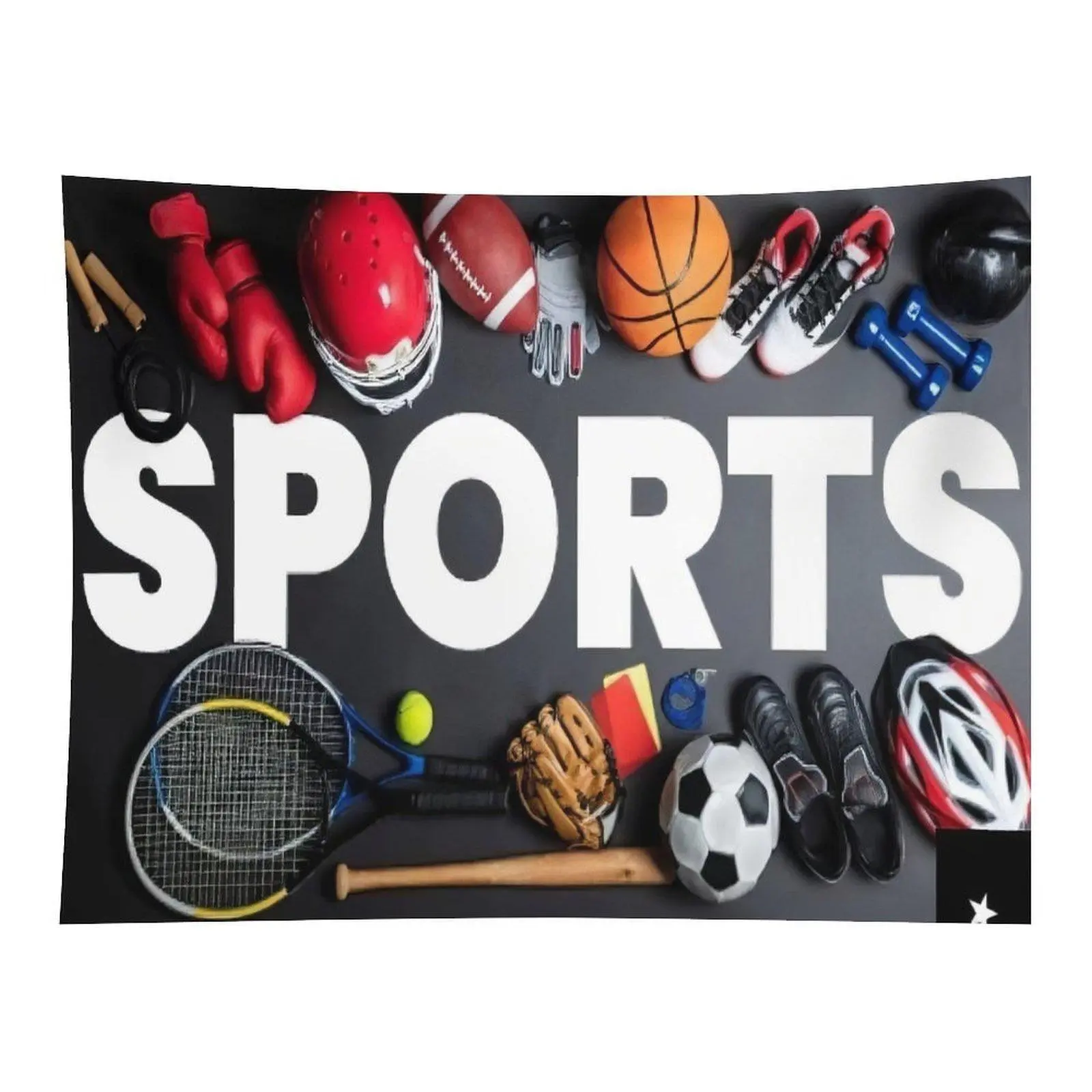 Mixed Sports Equipment SPORTS Bold Text Black Background Wall Tapestry Wall Hanging, Basketball Soccer Boxing Tennis Fitness Gear Collage Teen Boys Gym Bedroom Decor Backdrop