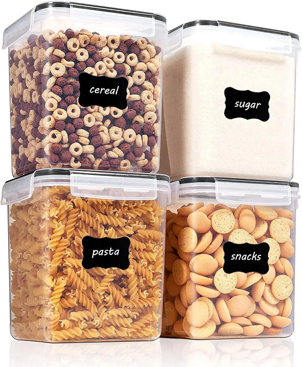 4-Pack Large Airtight Food Storage Containers (5.2L/175oz) - BPA-Free Plastic Canisters for Flour, Sugar & Rice with 4 Measuring Cups & 24 Labels