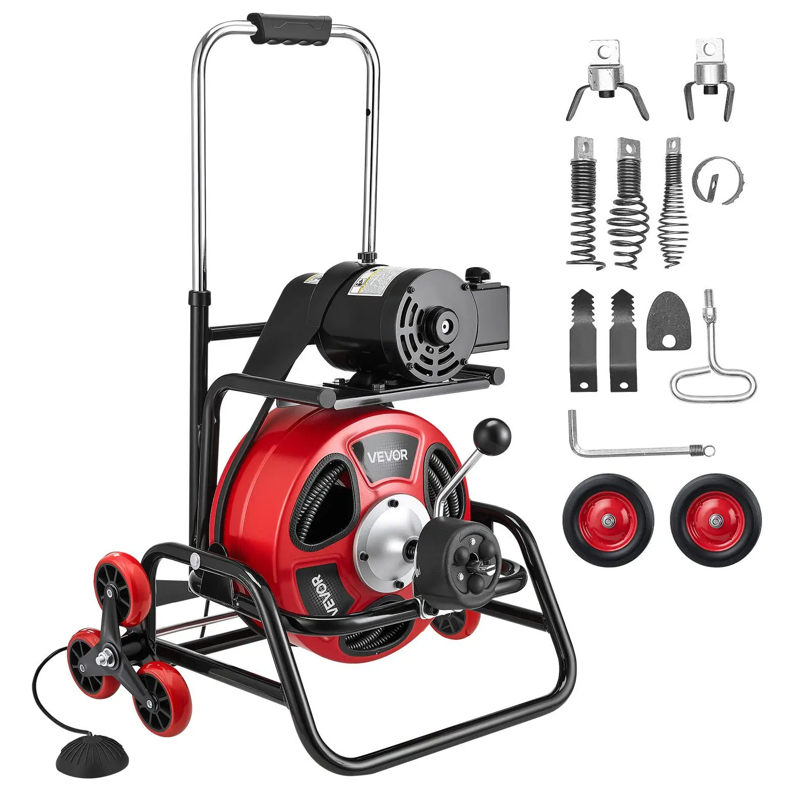 【summerfinds】VEVOR Drain Cleaner Machine 100 FT x 1/2 Inch, Auto Feed Sewer Snake Auger, Portable Drain Cleaning Machine with Climbing Wheels, Adjustable Drum, 8 Cutters & Foot Switch for 2" to 6" Pipes