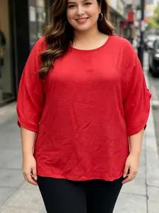 Plus Size Slimming Solid Seven-Quarter Sleeve Top, Casual Daily Wear for Plus Size Women, Comfortable and Stylish, Everyday