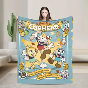 Cuphead Mugman Cartoon Game Blanket Ultra Soft Plush Flannel Cozy Warm Bedroom Couch Sofa Home Decor Throw Bedspread Cover Decor Decorative Throw Perfect Birthday Gift Christmas Gift for Gamers Kids Teens Adults Men Women Vintage Arcade Style