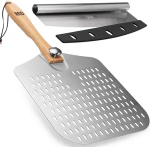 OUII Perforated Pizza Peel 12x14 with Foldable Handle & Pizza Cutter Rocker 14'' Blade - Pizza Stone Oven Accessories and Chopper Knife Tools for Kitchen