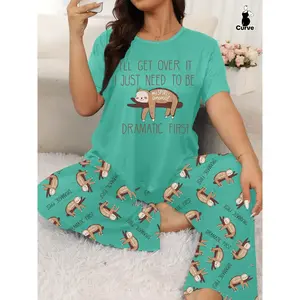 Plus Size Cute Sloth Print Round Neck Short Sleeve T Shirt, Full Print Pants Comfortable Casual Sleepwear Set for Home and Outwear, Loungewear