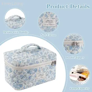 Large Capacity Commuter Backpack Quilted Soft Cotton Makeup Bag Set with Handle Double Zipper floral pattern multifunctional organizer