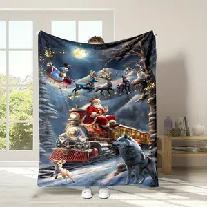 Vintage Steam Train Throw Blanket Christmas Themed Plush Blanket with Snowy Train and Santa Claus Print Soft Warm Cold Weather Throw Blanket for Men Boys Cozy Gift Idea for Holiday Season