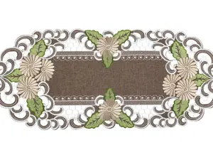 Linens Art And Things - Embroidered Gold Daisy on Brown Table Runner (35"/ 54")
