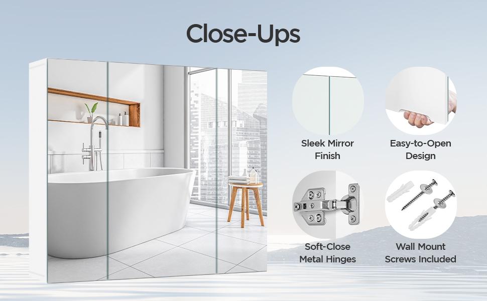 【3 doors】Yaheetech Frameless Mirror Cabinet, Medicine Cabinet with Three Frameless Mirrored Doors, Bathroom Mirror with Storage and Adjustable Shelf, Wall-Mounted Storage Cabinet for Living Room, Laundry Room, Mudroom