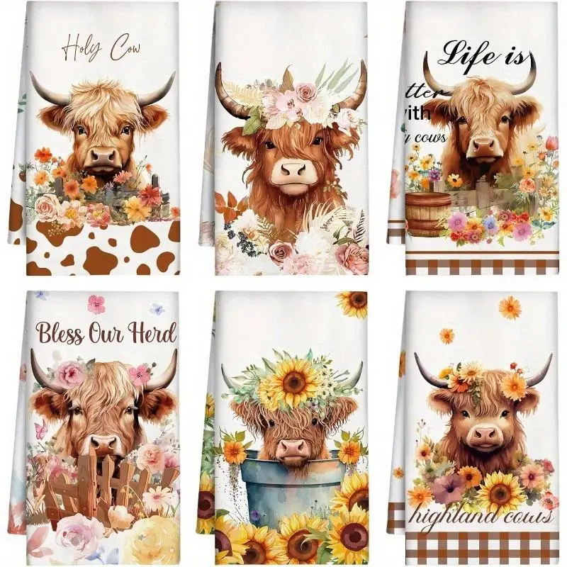 6pcs Super Soft Modern Highland Cow Polyester Kitchen Towels - Absorbent Oblong Woven, Machine Washable, 18x26 in Brown Farmhouse Decor Cleaning Towels
