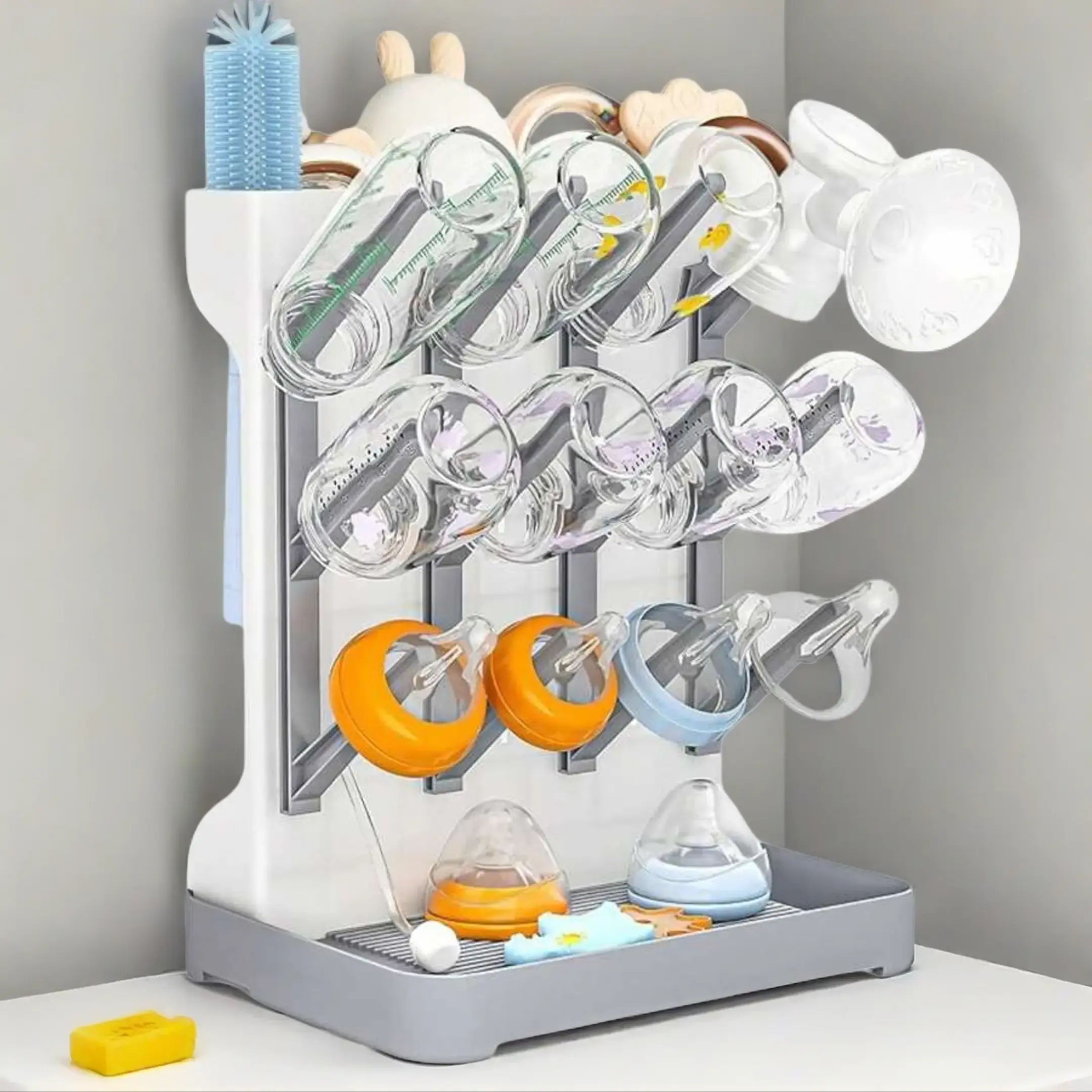 3-in-1 Baby Bottle Drying Rack & Storage Box - Portable Nursery Bottle Dryer Stand with Dustproof Cover, Large Capacity Feeding Bottle Holder Organizer for Home & Travel