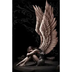 1PC 5D diamond painting 2D flat printing Diamond Painting Kit Angel with Large Wings Seated in Contemplation Dark Background Intricate Feather Details DIY Craft for Home Decor Wall Art Gift for Adult