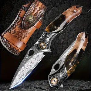 Large Damascus steel household fruit knife, kitchen folding pocket knife, sharp portable peeler for fruits and vegetables with sheath