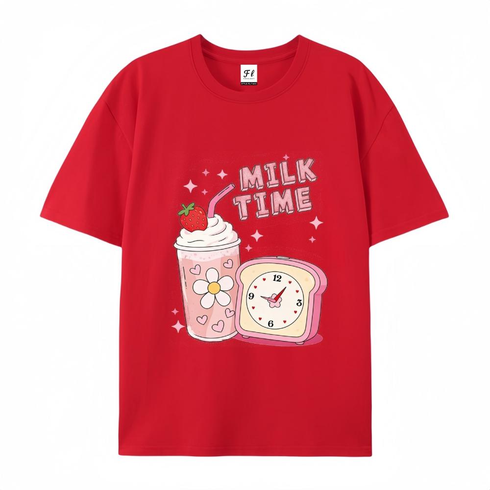 Milk Time Cute Strawberry Milkshake Retro Kawaii Graphic T-Shirt for Men & Women  Top