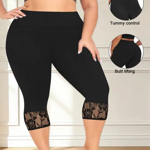 Plus Size Women's Lace Panel High Waist Capri Leggings, High Stretch Comfortable Fit, Chic Casual Style, Perfect for Daily Wear, Capri Leggings Capris