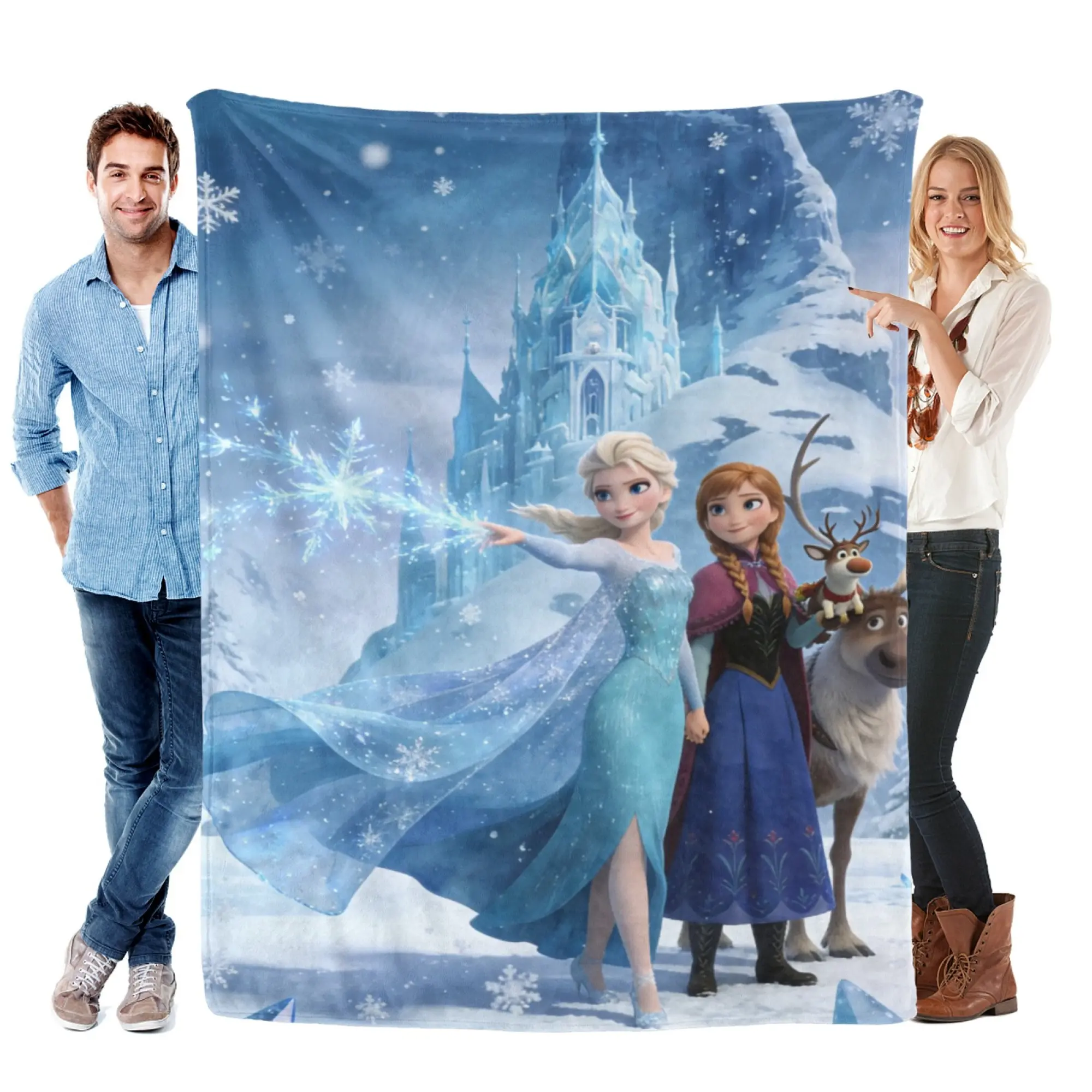 [SummerVibes] DISNEY CLASSIC Frozen Elsa, Anna & Sven Soft Flannel Blanket, Vibrant Ice Castle Print for Home, Bedroom Decor & Kids Gifts