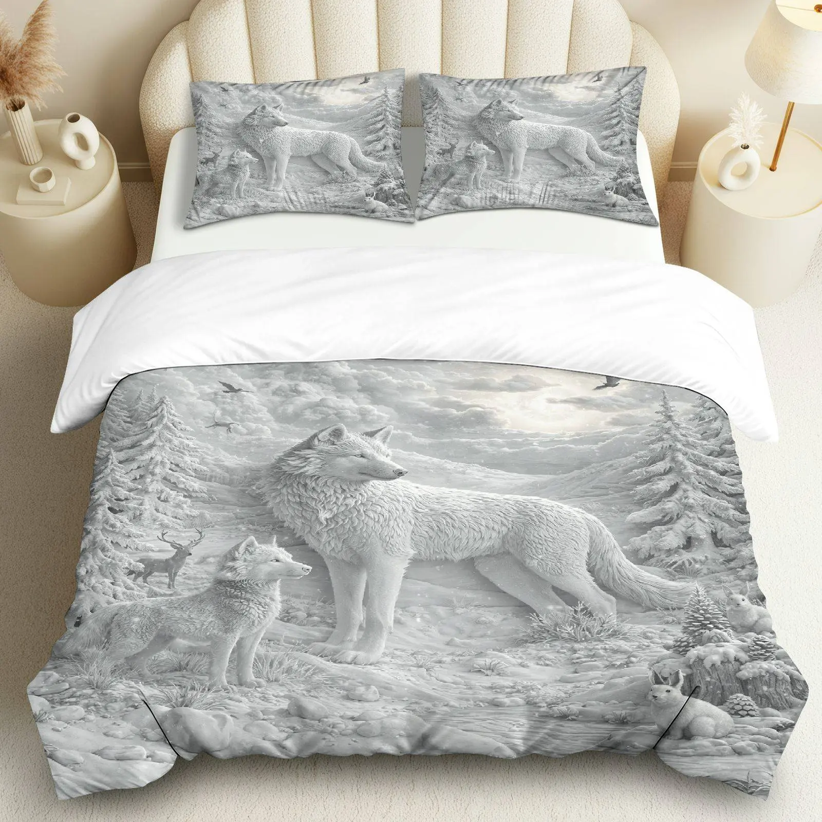 3PCS Duvet Cover Set, 1 Duvet+2 Pillowcases(Without filler), Wolf Forest Nature Scenic Animal theme, Christmas bedding set, Cozy Warm Wildlife Grey Suitable for decoration bedroom, guest room, lodge, cabin.
